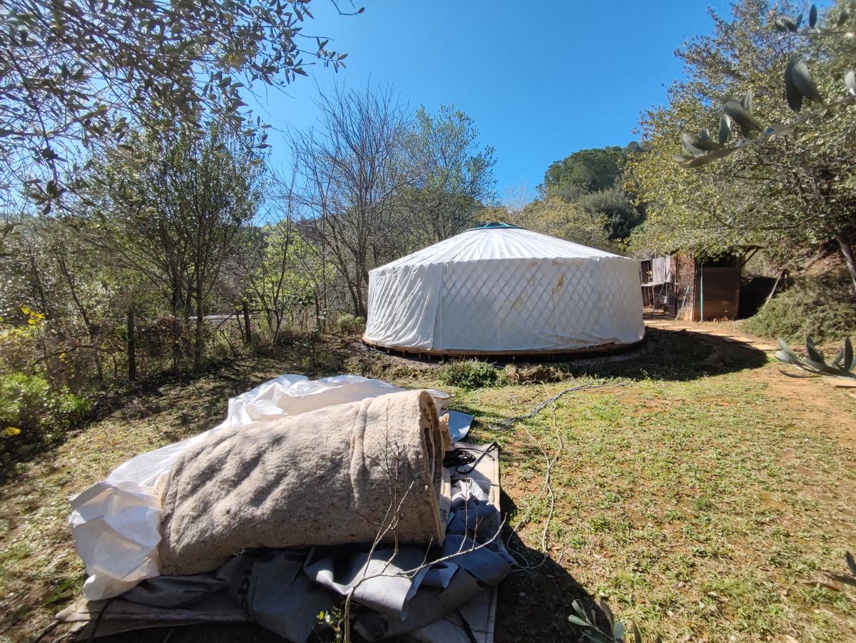 Desmontaje de telas de yurta moderna — lonas extendidas en el jardín para limpieza