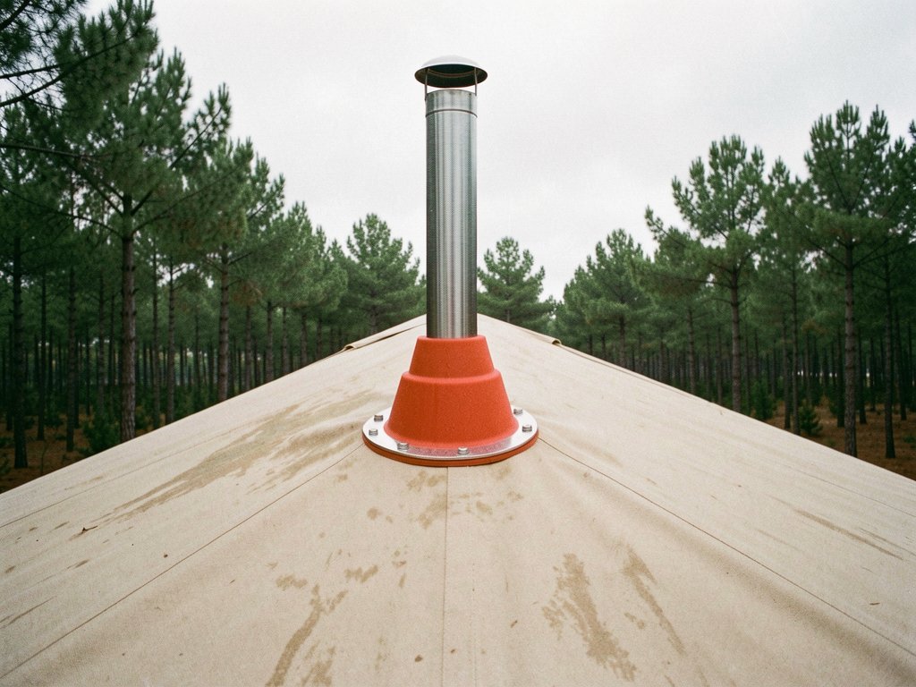 Salida de chimenea de silicona naranja con anillo de acero inoxidable en el techo de una yurta